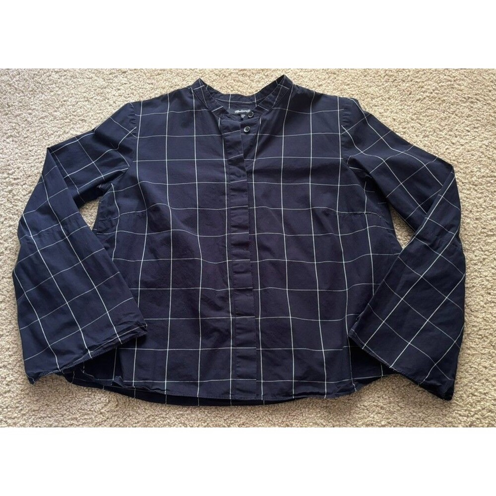 Madewell XXS Navy Blue Windowpane Plaid Oversized Crop Long Sleeve Shirt